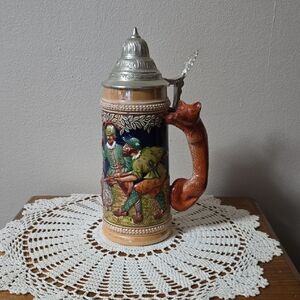Vintage German Ceramic Beer Stein with Fox Handle Boar Hunt